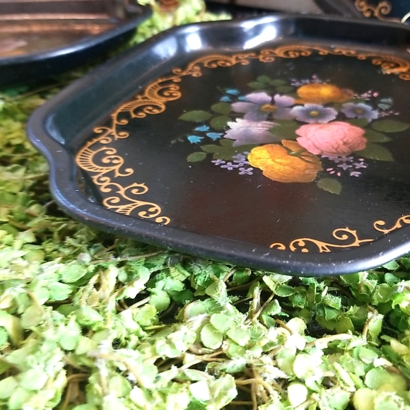 Restaurant TIPS Vtg Shabby England  Floral Decor BLACK Hang Candy Metal 6 Trays - Picture 5 of 16